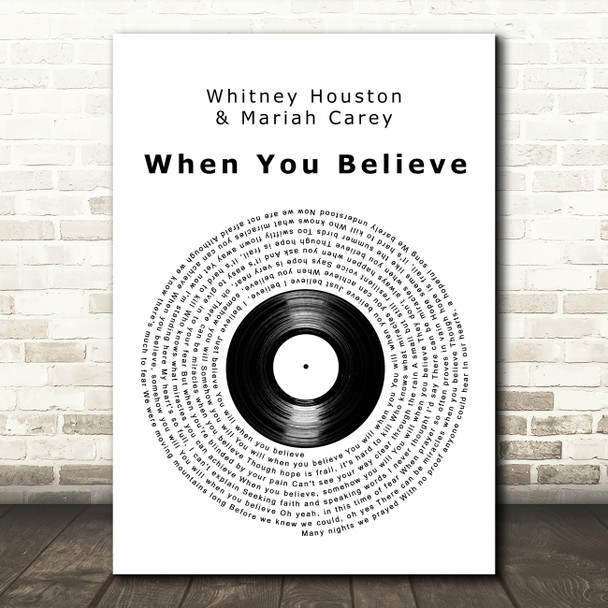 Whitney Houston & Mariah Carey When You Believe Vinyl Record Wall Art Song Lyric Print