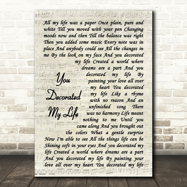 Kenny Rogers You Decorated My Life Vintage Script Decorative Wall Art Gift Song Lyric Print