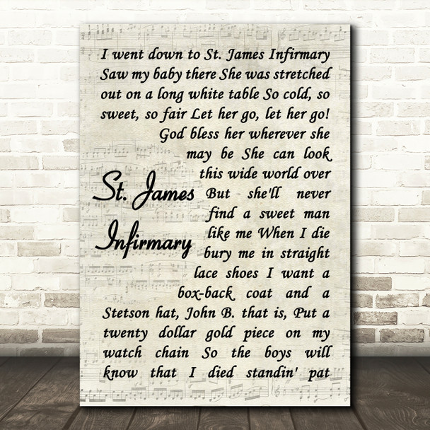 Louis Armstrong St. James Infirmary Blues Vintage Script Decorative Gift Song Lyric Print