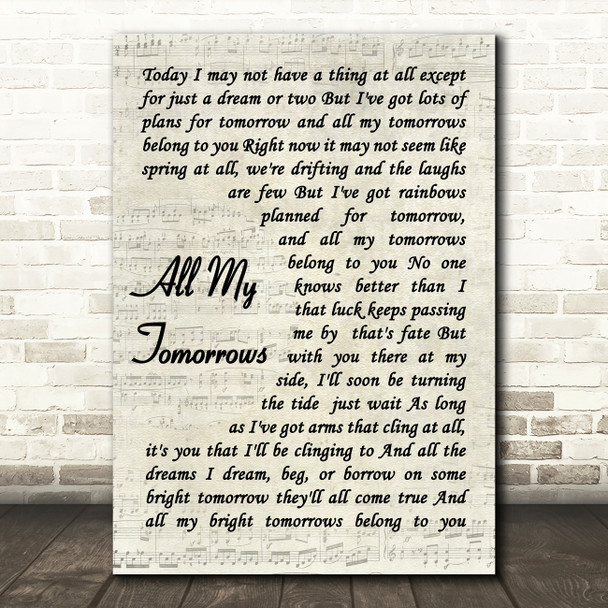 Frank Sinatra All My Tomorrows Vintage Script Decorative Wall Art Gift Song Lyric Print