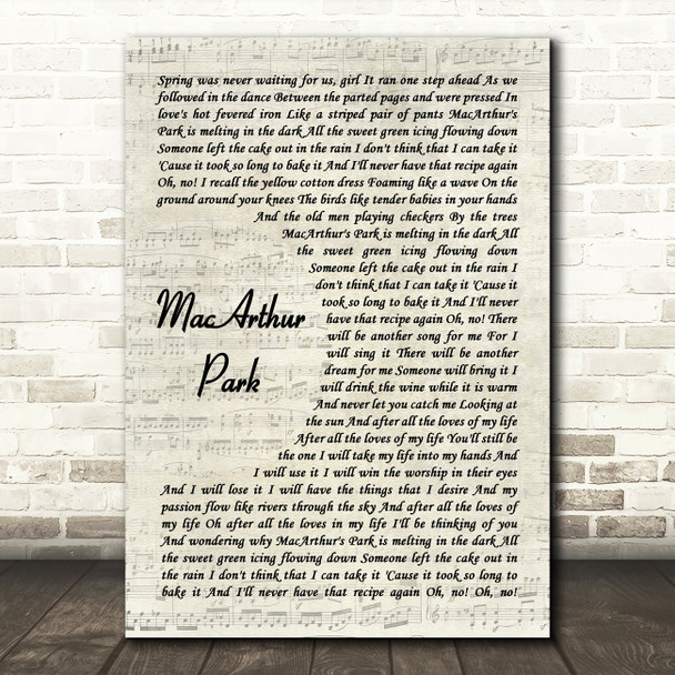 Richard Harris MacArthur Park Vintage Script Decorative Wall Art Gift Song Lyric Print