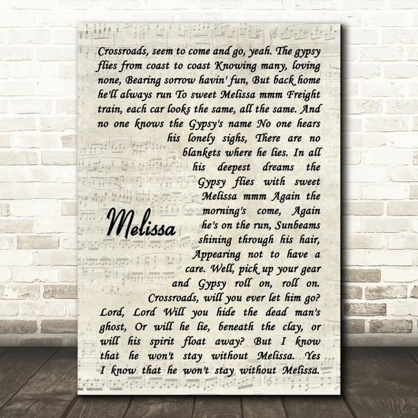 The Allman Brothers Melissa Vintage Script Decorative Wall Art Gift Song Lyric Print