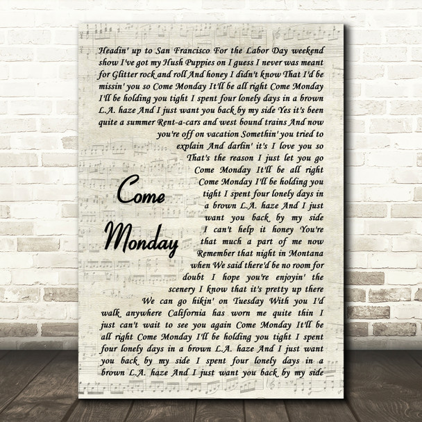 Jimmy Buffett Come Monday Vintage Script Decorative Wall Art Gift Song Lyric Print