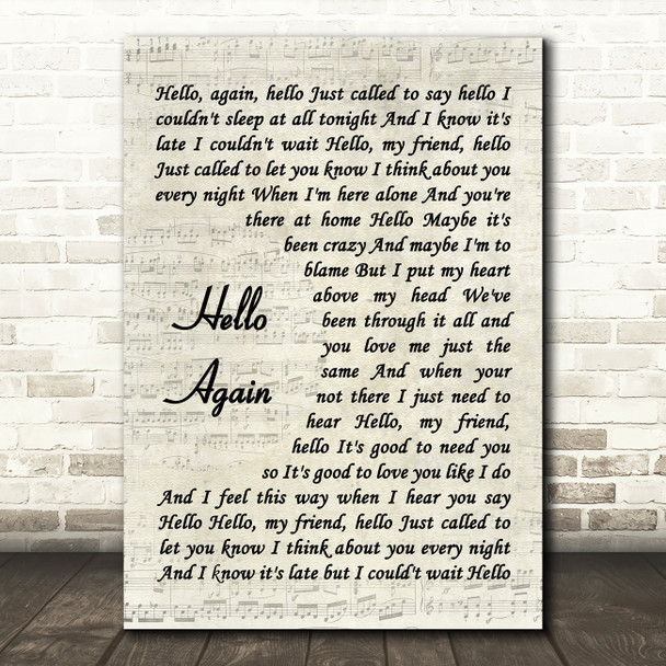 Neil Diamond Hello Again Vintage Script Decorative Wall Art Gift Song Lyric Print