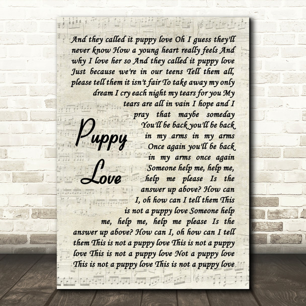 Donny Osmond Puppy Love Vintage Script Decorative Wall Art Gift Song Lyric Print