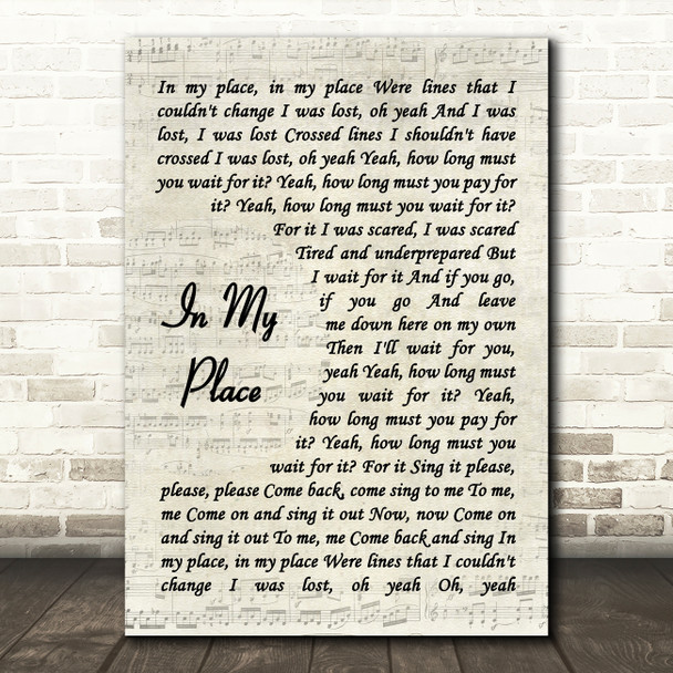 Coldplay In My Place Vintage Script Decorative Wall Art Gift Song Lyric Print
