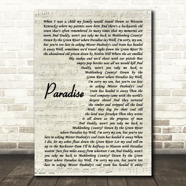 John Prine Paradise Vintage Script Decorative Wall Art Gift Song Lyric Print