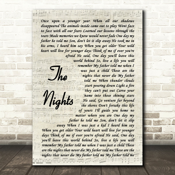 Avicii The Nights Vintage Script Decorative Wall Art Gift Song Lyric Print