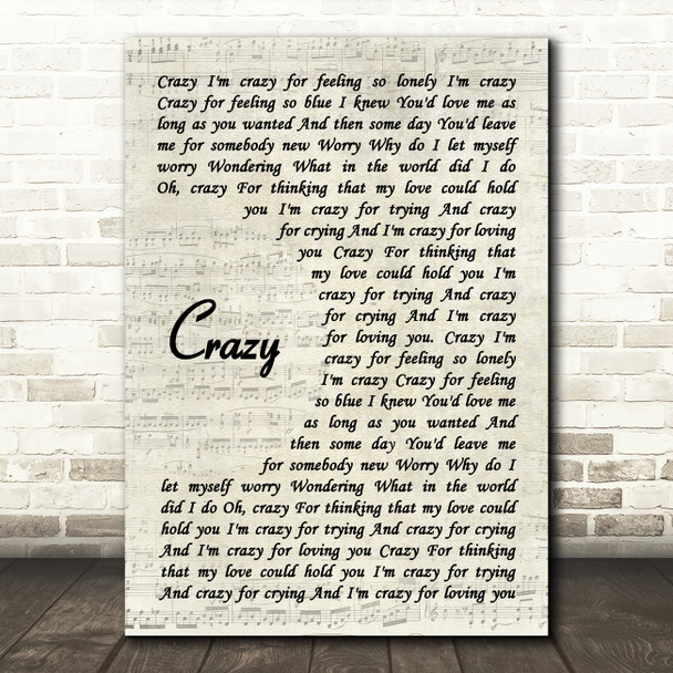 Patsy Cline Crazy Vintage Script Decorative Wall Art Gift Song Lyric Print