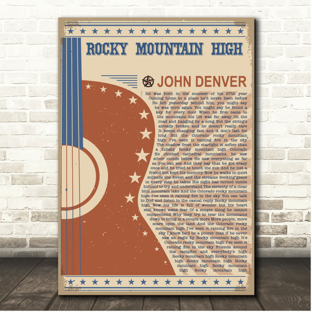 John Denver Rocky Mountain High Country Western Festival Guitar Song Lyric Print