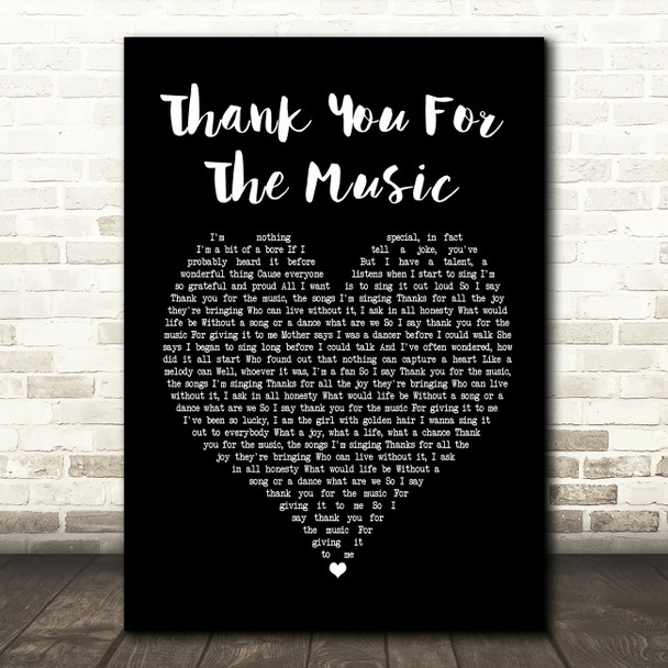 ABBA Thank You For The Music Black Heart Song Lyric Print