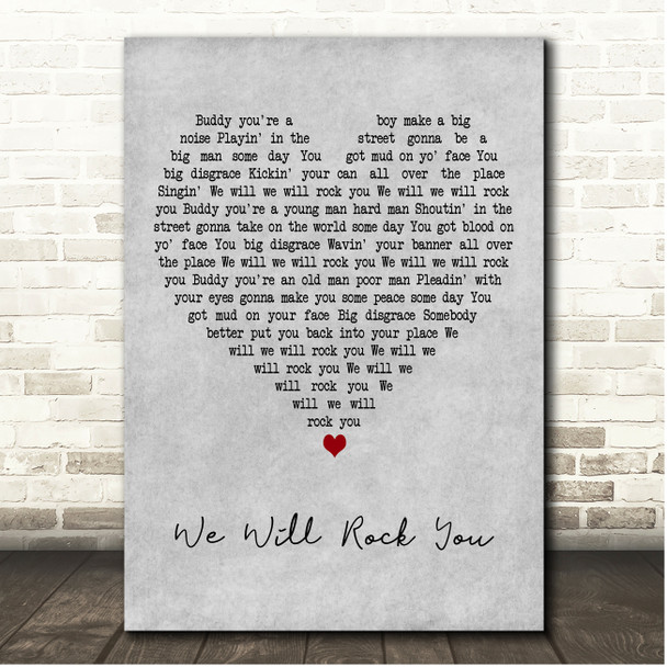 Queen We Will Rock You Grey Heart Song Lyric Print