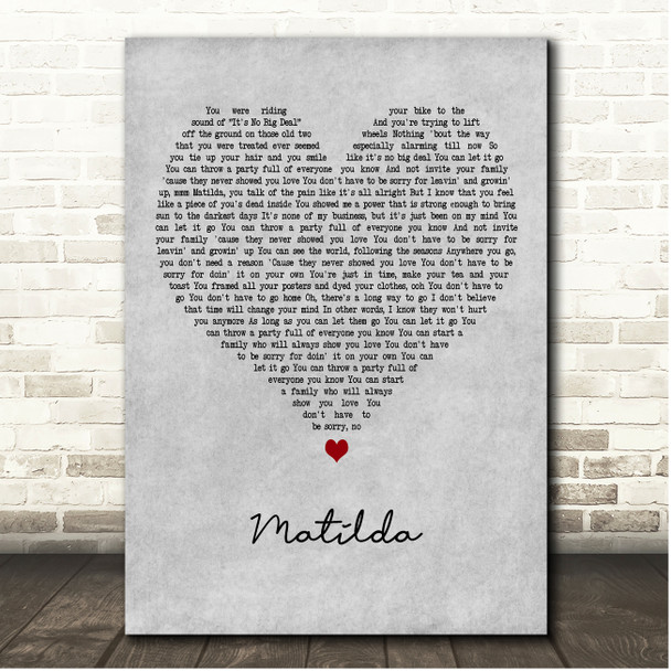 Harry Styles Matilda Grey Heart Song Lyric Print