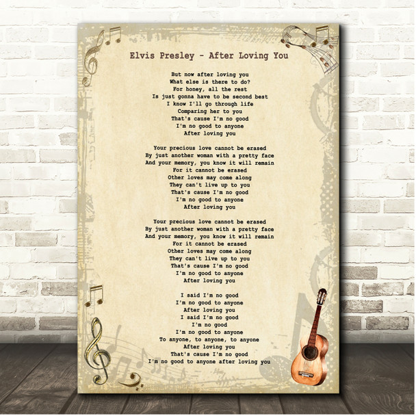 Elvis Presley After Loving You Vintage Guitar Song Lyric Print