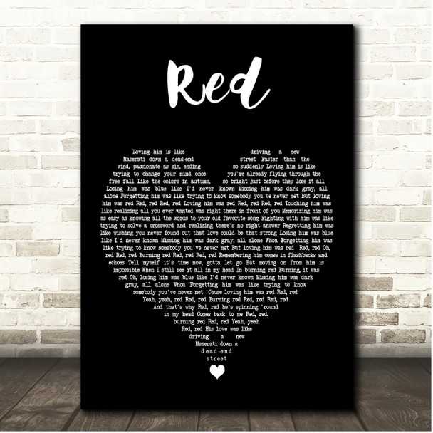 Taylor Swift Red Black Heart Song Lyric Print