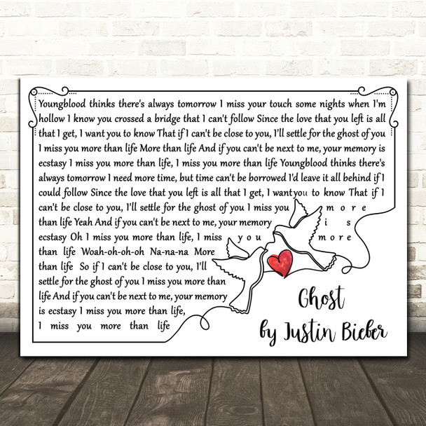 Justin Bieber Ghost Line Art Doves & Heart Song Lyric Print