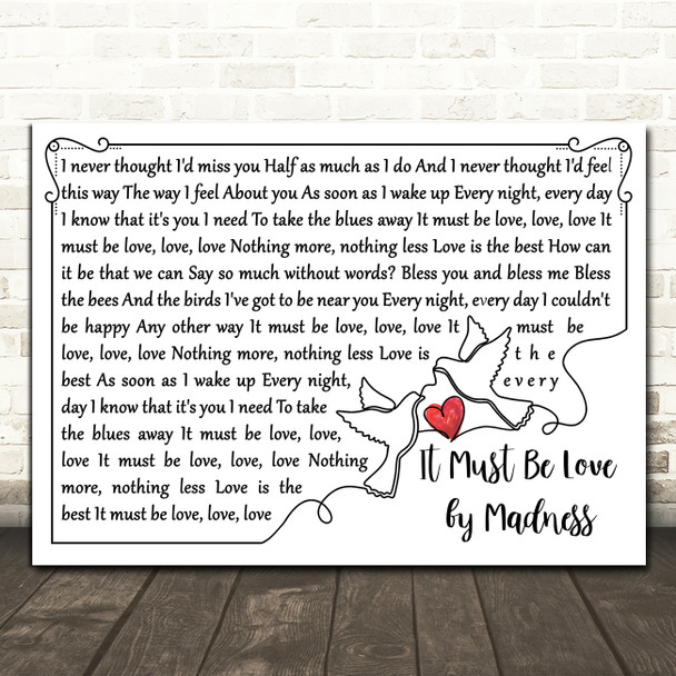 Madness It Must Be Love Line Art Doves & Heart Song Lyric Print