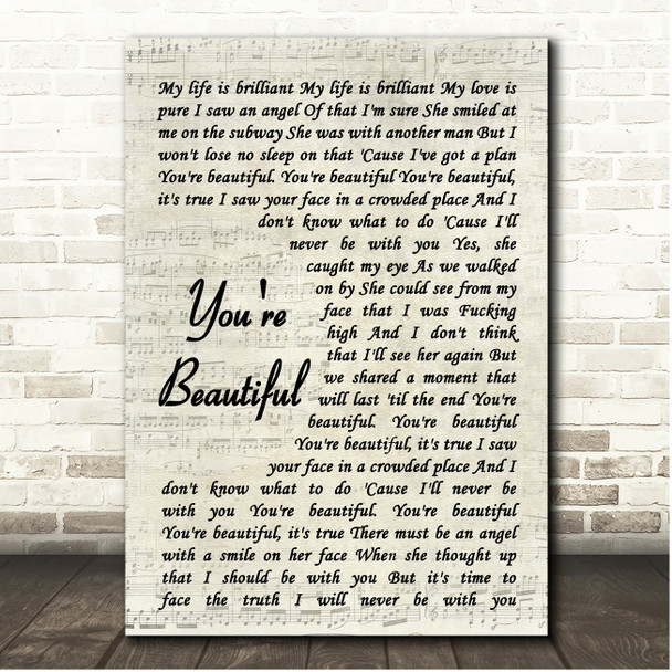 James Blunt You're Beautiful Vintage Script Song Lyric Print