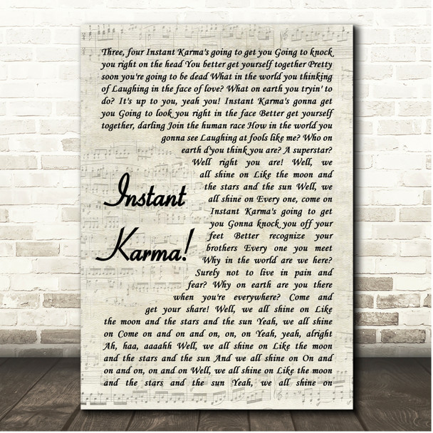 John Lennon & Yoko Ono Instant Karma! Vintage Script Song Lyric Print
