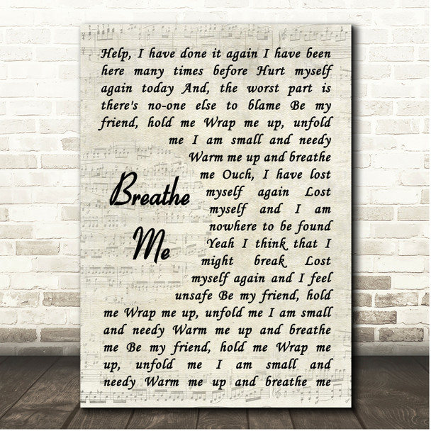 Sia Breathe Me Vintage Script Song Lyric Print
