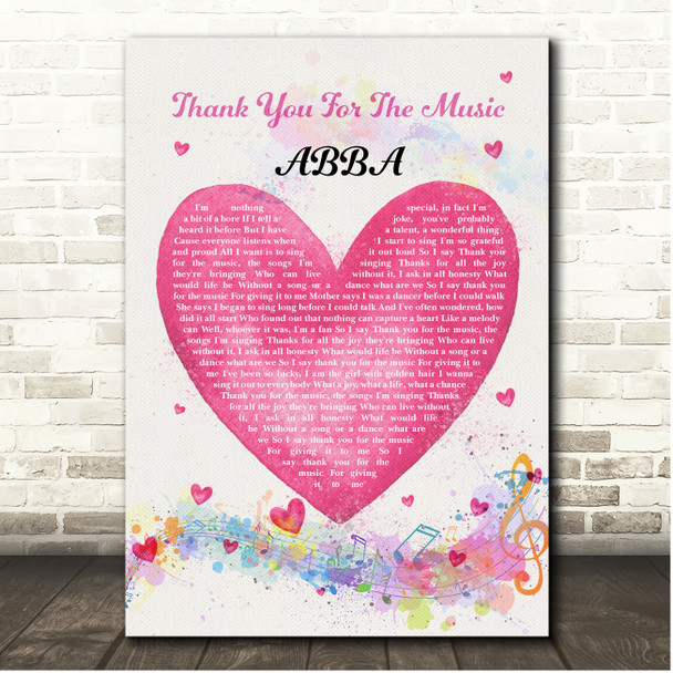 ABBA Thank You For The Music Pink Heart Colourful Music Notes Song Lyric Print