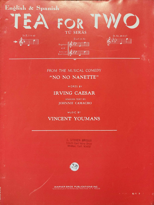 Tea For Two - "No No Nanette" - In F Key - English & Spanish - Piano/Vocal Sheet Music