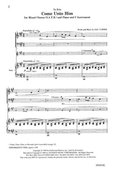 Come Unto Him - Arr. Dan Carter - SATB and piano with optional C instrument