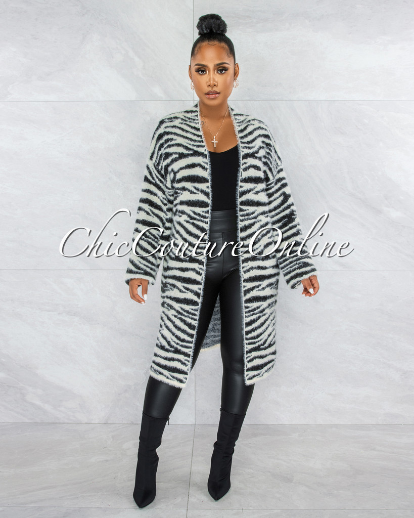 Sendera Black White Zebra Print Faux Fur Cardigan