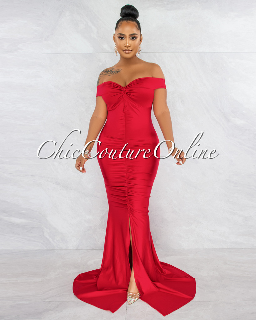 Merlina Red Drape Off-The Shoulders Maxi Dress