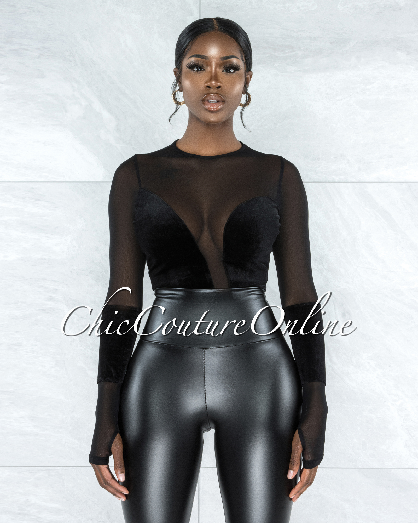 Claudette Black Velvet Sheer Bodysuit