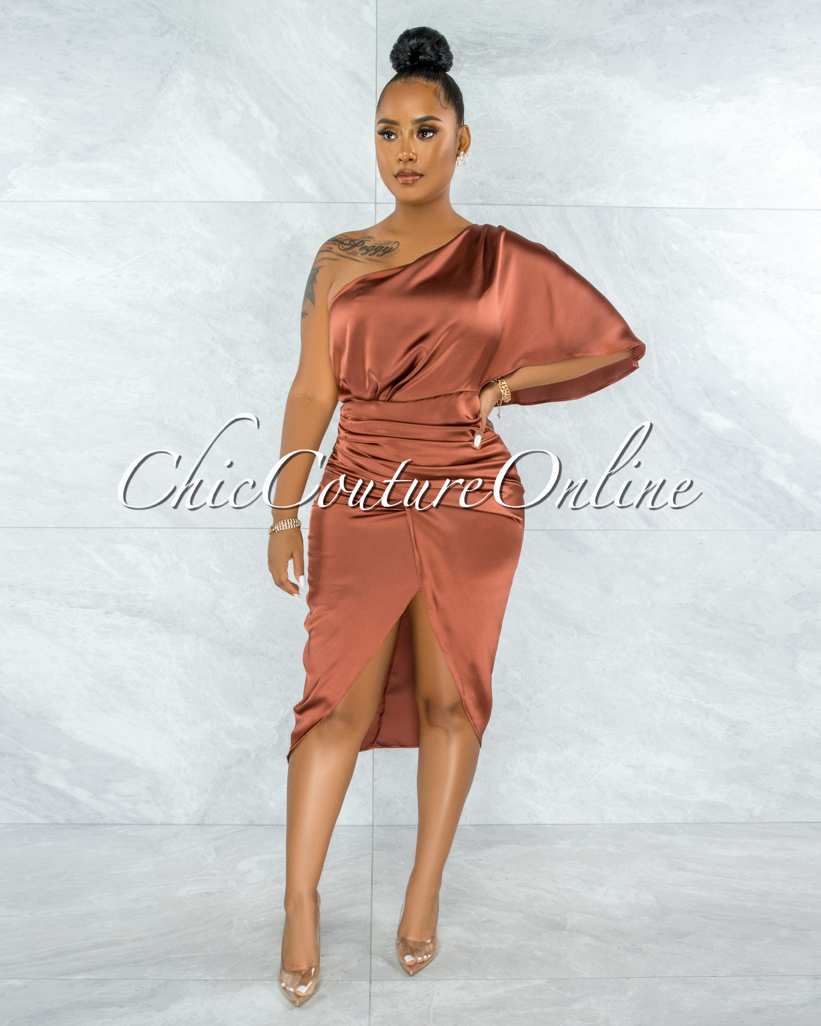 Babette Copper Draped Single Shoulder Midi Dress
