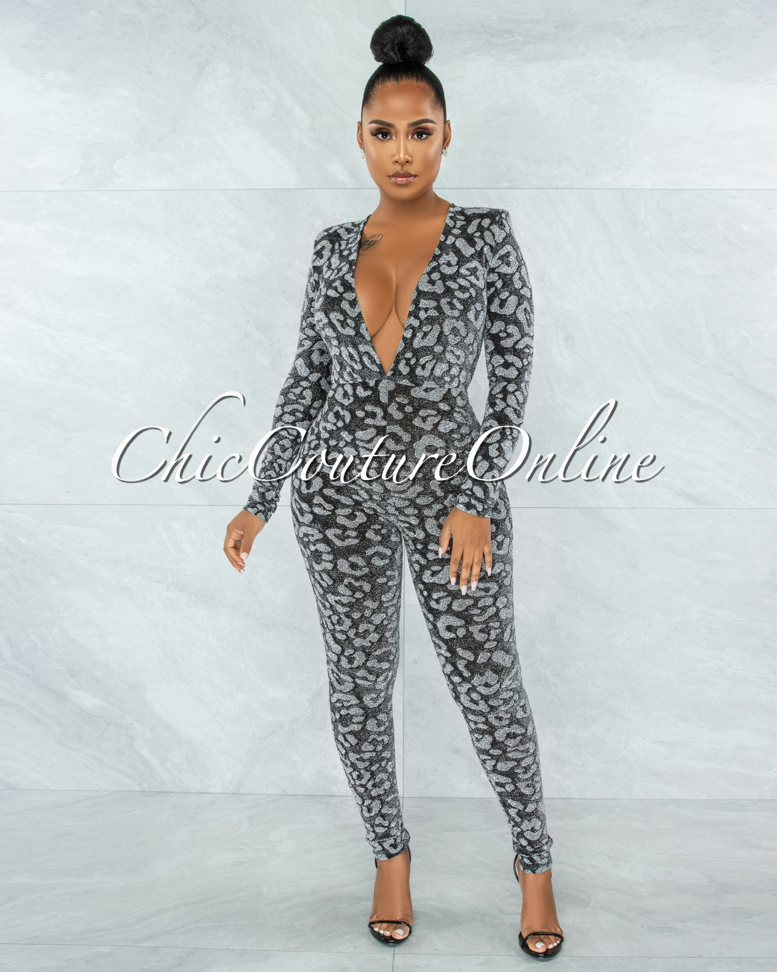 Fraser Black Silver Shimmer Leopard Print Jumpsuit