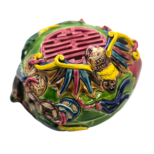 Jiao Zhi Ceramic Longevity Incense Burner with detailed bat