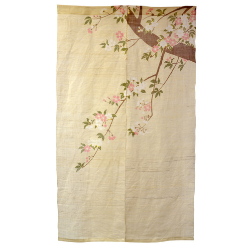 Cherry Blossoms on Branch Yellow Linen Noren Curtain