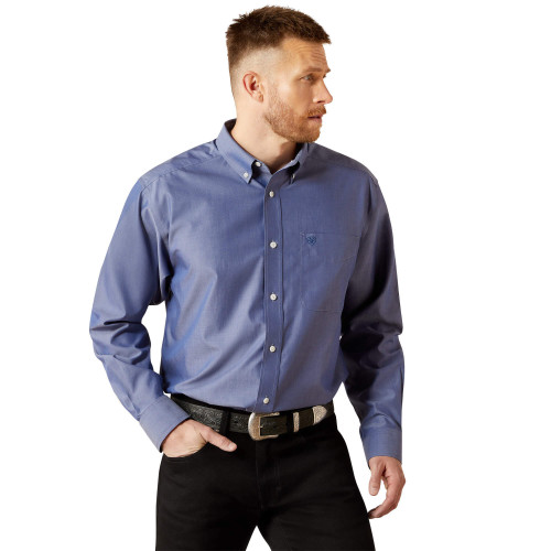 Ariat Men's Wrinkle Free Solid Pinpoint Oxford Classic Fit Shirt - Blue