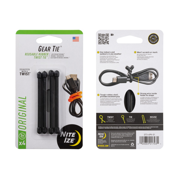 Nite Ize Gear Tie® Reusable Rubber Twist Tie™ - Black (GT3-4PK-01)