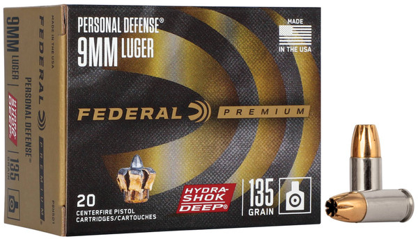 Federal Personal Defense Hydra-Shok Deep, 9mm Luger, 135 Grain, Hydra-Shok Deep Jacketed Hollow Point - 20 Rounds