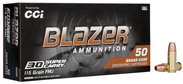 CCI Blazer Brass, 30 Super Carry, 115 Grain, Full Metal Jacket Flat Nose, 1150 fps - 50 Rounds
