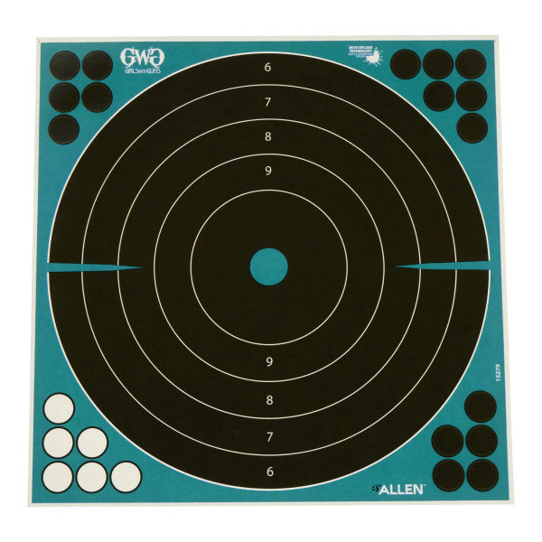 Allen Adhesive Splash Reactive Bullseye Paper Shooting Targets, 12" Square, 5-Pack, Black/Teal