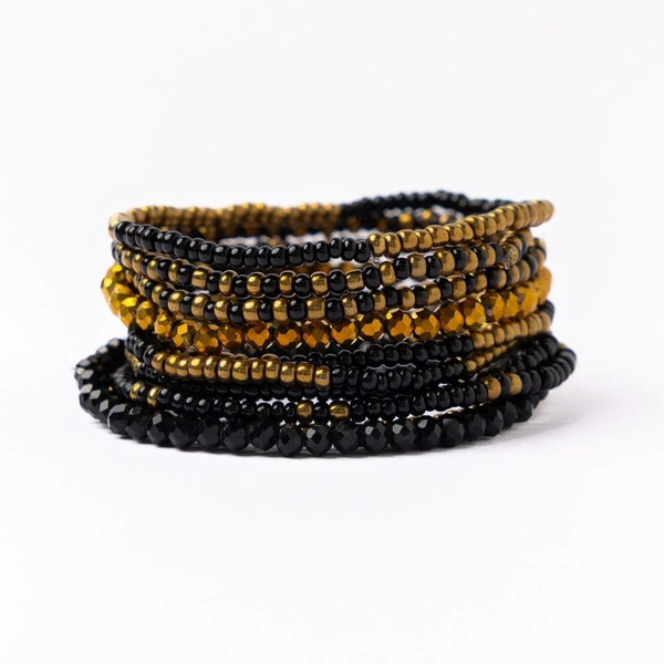 ink+alloy Game Day Beaded 10 Strand Stretch Bracelet Set Black + Gold