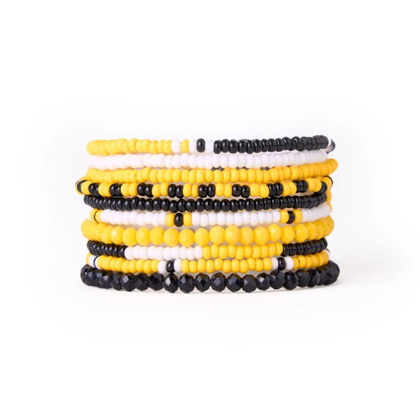 ink+alloy Game Day Color Block Beaded 10 Strand Stretch Bracelet Set Black and Yellow