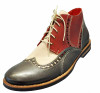 Red, Beige, and Dark Green tri-color leather wingtip chukka boots for men with micro-rubber soles.