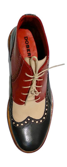 Red, Beige, and Dark Green tri-color leather wingtip chukka boots for men with micro-rubber soles.