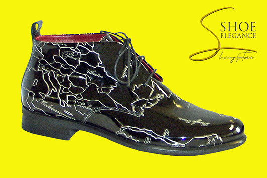 Patent Leather Lace-up Women's Boots with Embossed European Contour Map
