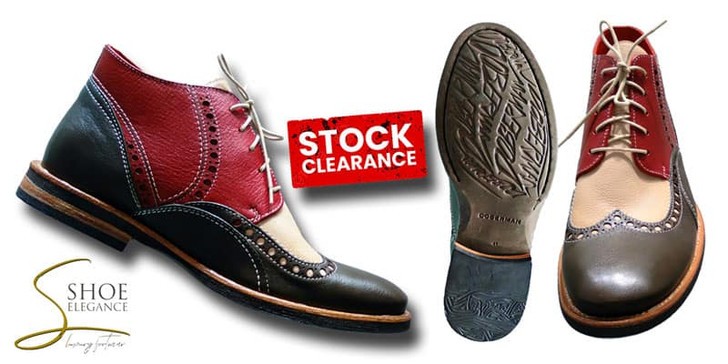 Red, Beige, and Dark Green tri-color leather wingtip chukka boots for men with micro-rubber soles.