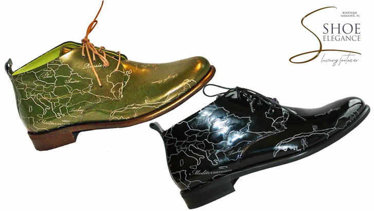 Patent Leather Lace-up Women's Boots with Embossed European Contour Map