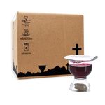 Brown shipping case of WCC Chalice 600 count communion cups with single cup displayed in front