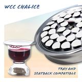 WCC Chalice communion cups arranged in serving tray with sealed bread and juice elements