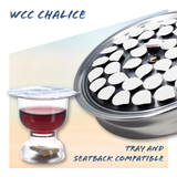 Silver communion tray filled with sealed WCC Chalice sacramental wine gluten-free communion cups