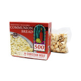 Side view of Christian Wolf unleavened bread 500 piece package with clear product labeling